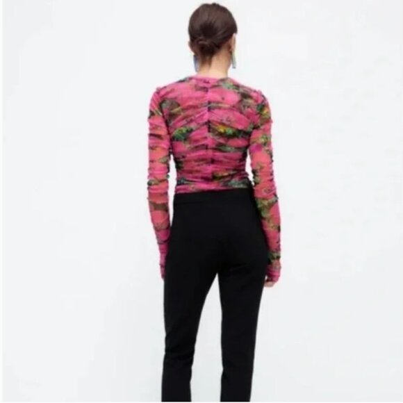 ZARA Pink Floral Printed Draped Tulle Mesh Top Size XL NEW WITH TAG! - Picture 7 of 12
